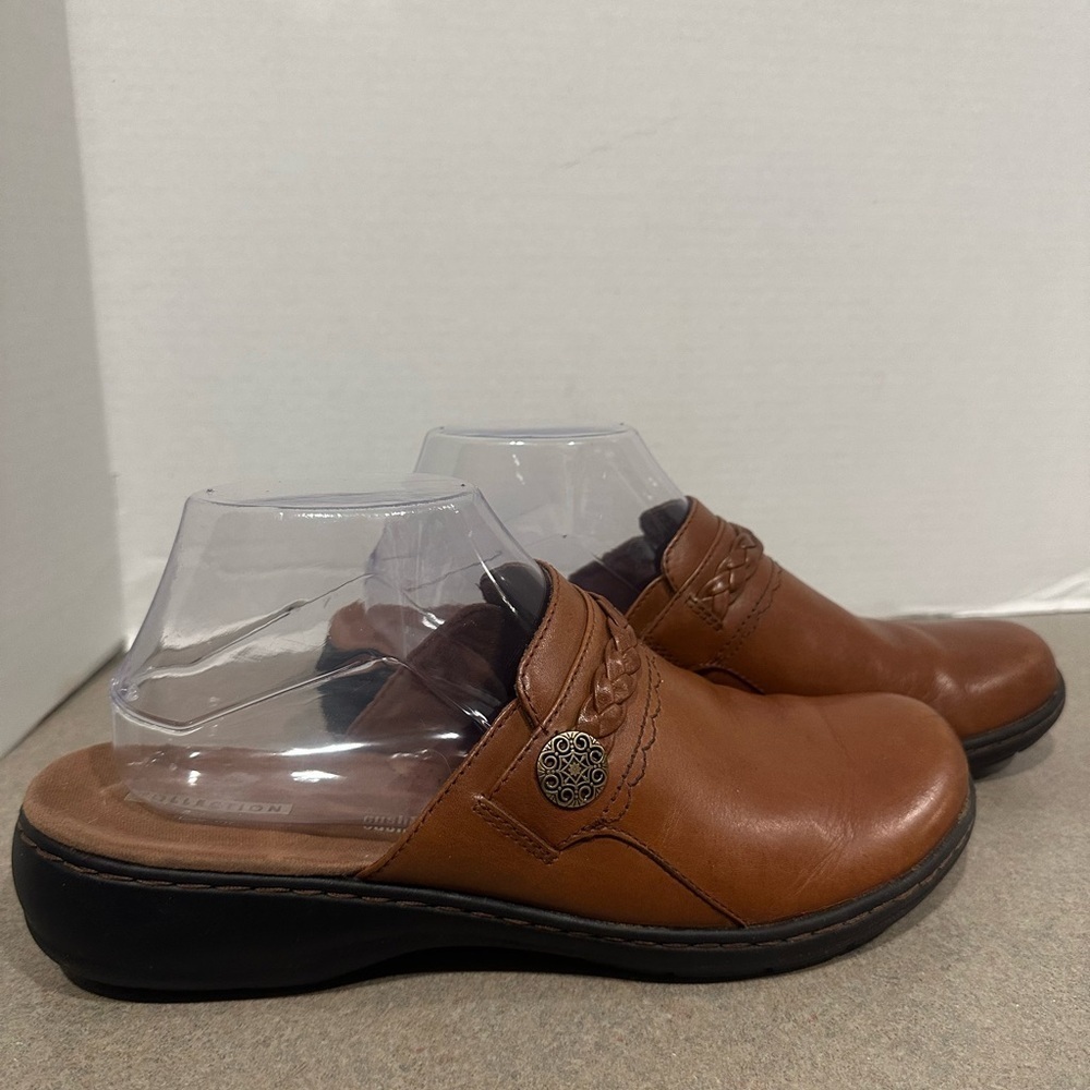 Clarks Leisa Brown Braided Leather Comfort Mules Clogs Size 9 1/2